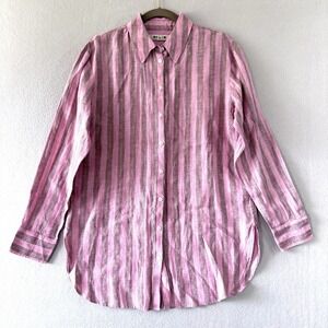Boden Top Womens 4 Relaxed Linen Shirt Sparkle Stripe Button Up Pink Coastal